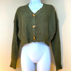Cropped Olive Green Button Down Cardigan Sweater Chunky Knit Small